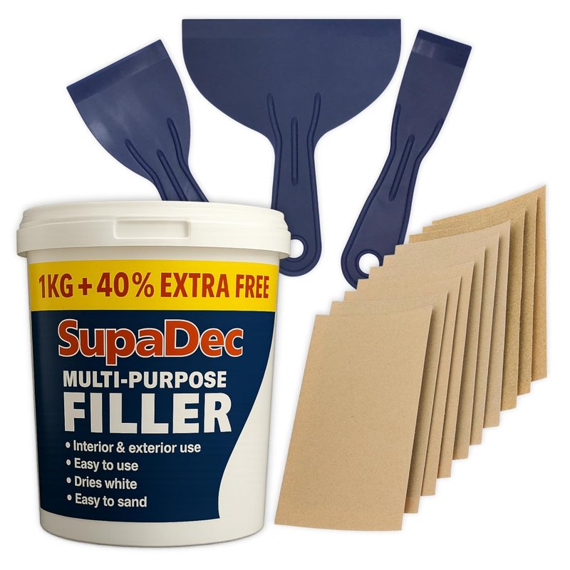 Wall Repair Kit – 1.4kg Ready Mixed Filler for Walls, Holes & Cracks | 3 Filling Tools, 12 Sandpaper Sheets (40, 100 & 150 Grit) & Gloves | Interior Wall Filler for Plaster & Plasterboard