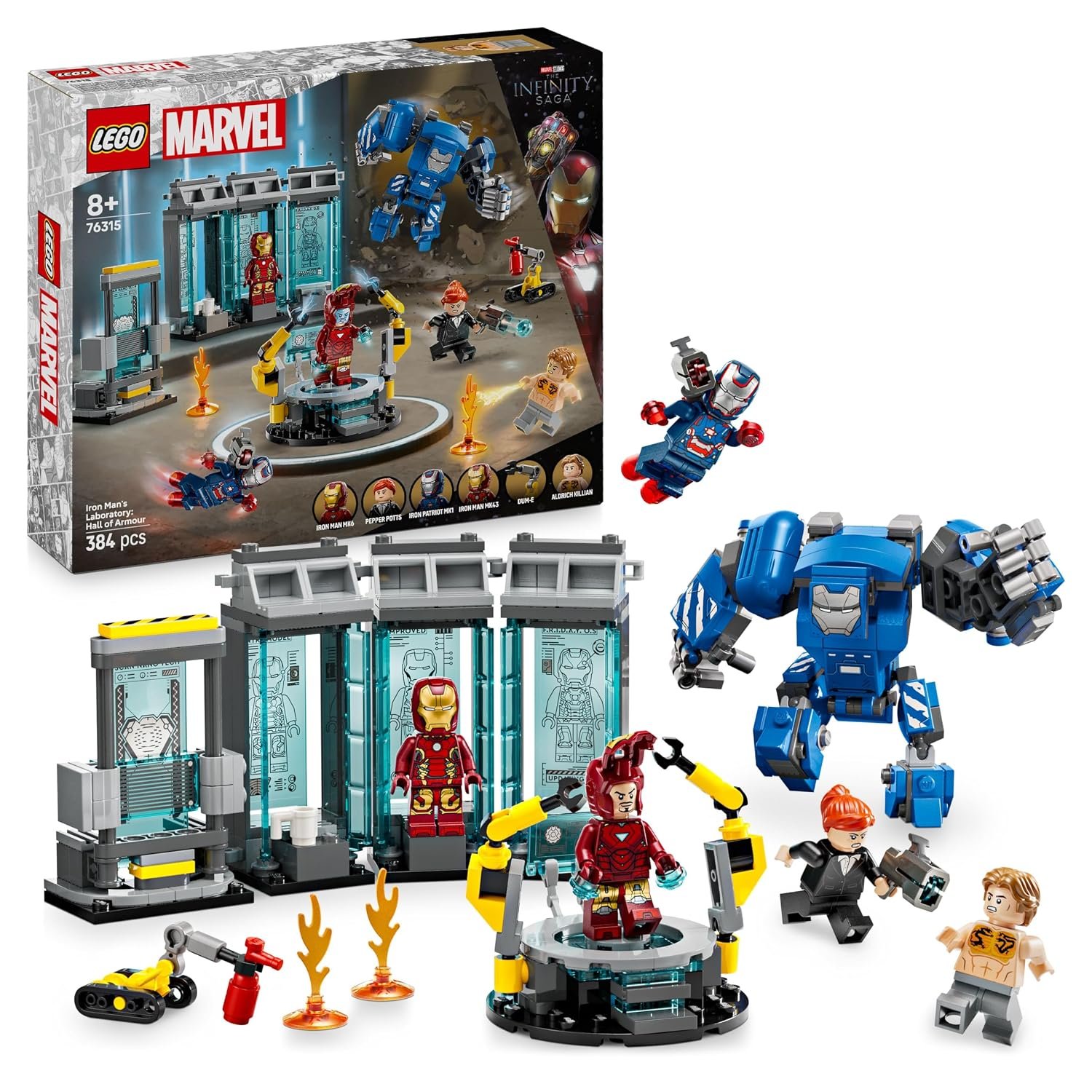 LEGO Marvel Iron Man’s Laboratory: Hall of Armour - Super Hero Building Toy with a Mech Figure, 5 Minifigures incl. Aldrich Killian & a Dum-E Robot - Avengers Gift for 8+ Year Old Boys & Girls 76315