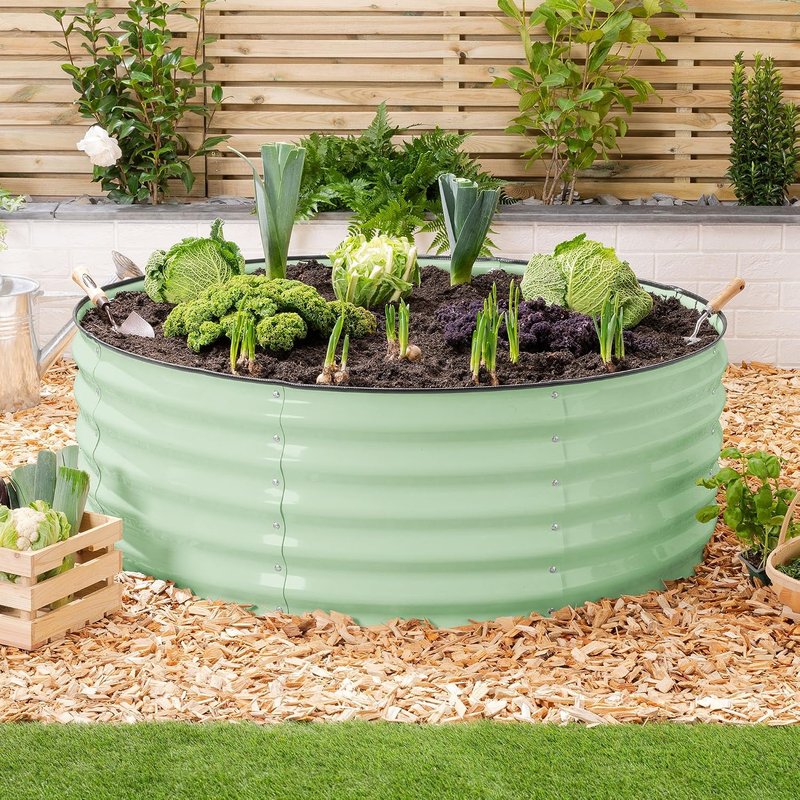 CHRISTOW Circular Raised Garden Bed – 120cm x 45cm, Sage Green Galvanised Steel Planter, Open Base for Drainage, Outdoor Grow Bed for Plants, Flowers & Vegetables, Protective Rubber Rim