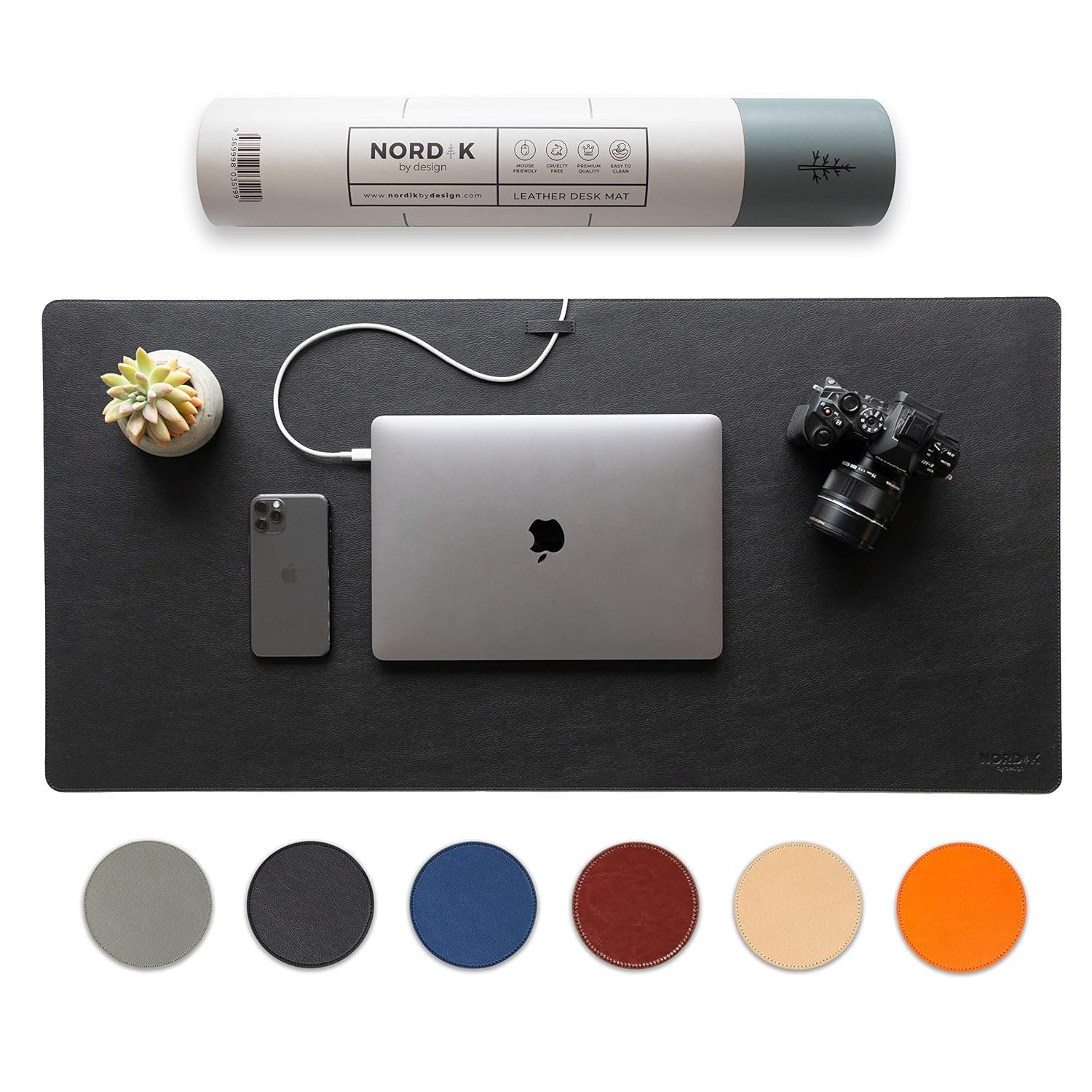 Nordik Leather Desk Mat Cable Organiser - Pebble Black 89 X 43 cm - Premium Extended Mouse Mat for Home Office Accessories - Felt Vegan Large Leather Desk Pad Protector & Desk Blotter Pads Mats