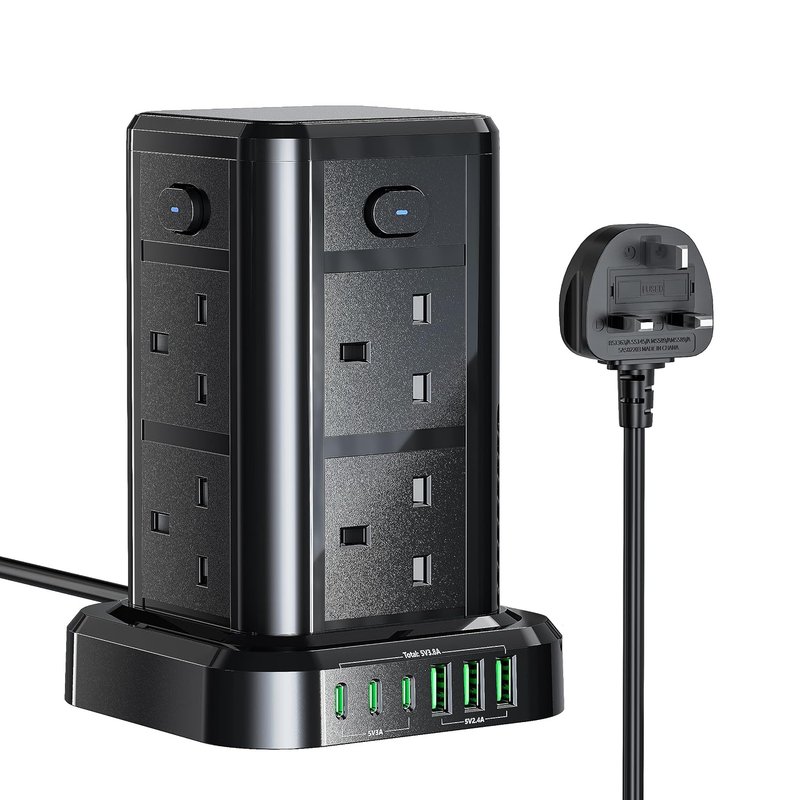 Tower Extension Lead with USB C Slots, 8 Way Multi Plug Extension Tower with 6 USB Ports, 13A 3250W Extension Cable with 4 Independent Control Switch, 1.8M Power Strip Tower for Home, Office, Kitchen