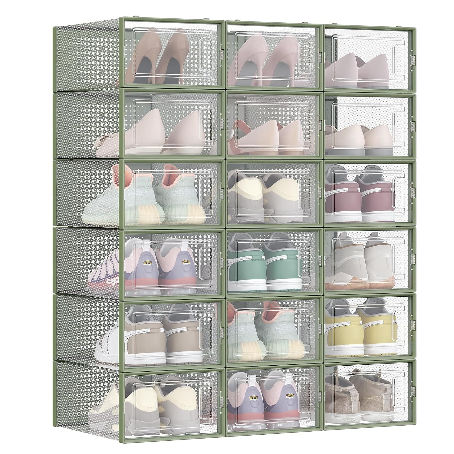SONGMICS Shoe Boxes, Pack of 18 Stackable Shoe Storage Organisers, Foldable and Versatile for Sneakers, Fit up to UK Size 9.5, Transparent and Laurel Green LSP18SG30