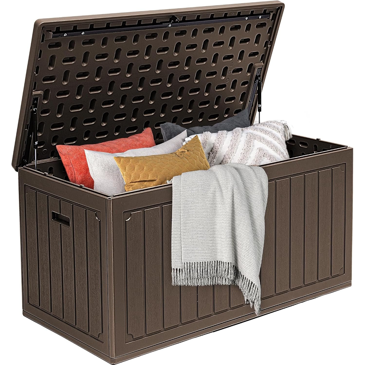 DWVO 340L Resin Outdoor Storage Box, Double-Wall Waterproof Deck Box with Wood Texture, Lockable Garden Storage that Doubles as Table or Bench (450 lbs Capacity)–Brown