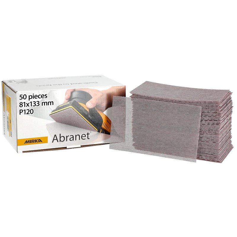 Mirka Abranet net sandpaper strips 81x133 mm Hook & loop/Grit P120 / 50 pcs/for sanding wood, walls, metal, aluminium, stainless steel, filler, varnish, plastic / 5417805012