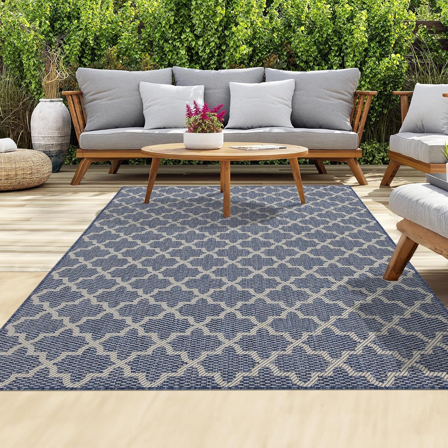 homeart Outdoor Rugs | Easy-Cleaning Indoor & Outdoor Area Rugs for Porch, Deck, Balcony, Garden, Picnic, Kitchen, Hallway | UV & Weather-Resistant Large Patio Rug Mats | D.Blue Cream, 180 x 270 cm