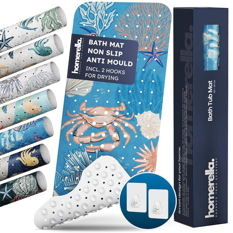 Homerella Bath Mat Non Slip Anti Mould Kids 100x40cm INCL. 2 HOOKS - Anti Slip Bathtub Mat Machine Washable, BPA free, Toddler Non Slip Bath Mat for Inside Bath Tub - Coral blue reef