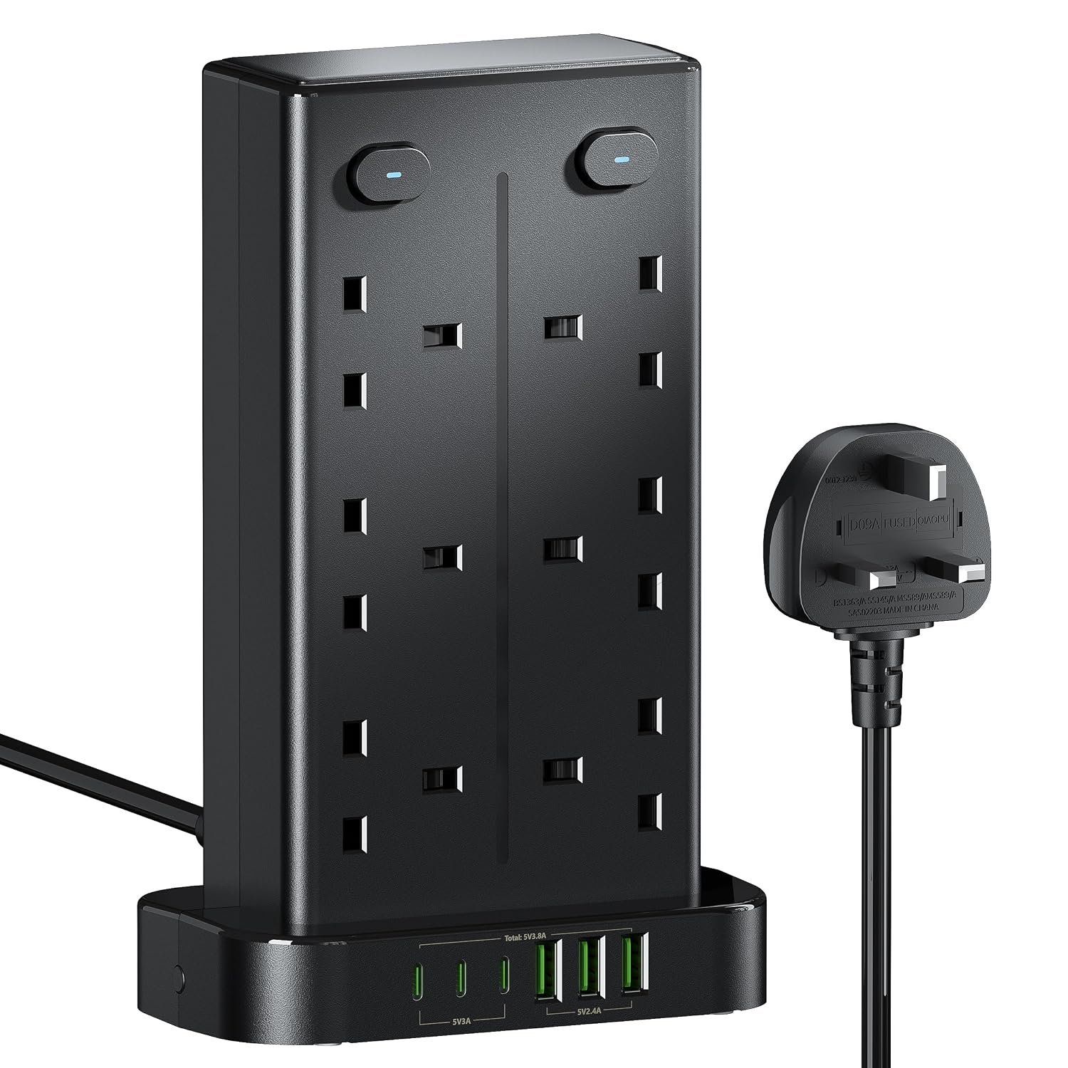 Tower Extension Lead with USB C Slots, 12 Way Multi Plug Socket Extension with 6 USB Ports, Overload Protected Extension Lead with 4 Switch Tower Extension Cable 1.8m for Home Kitchen Office