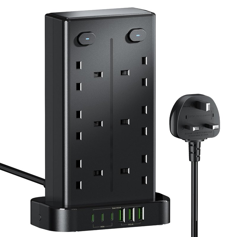 Tower Extension Lead with USB C Slots, 12 Way Multi Plug Socket Extension with 6 USB Ports, Overload Protected Extension Lead with 4 Switch Tower Extension Cable 1.8m for Home Kitchen Office
