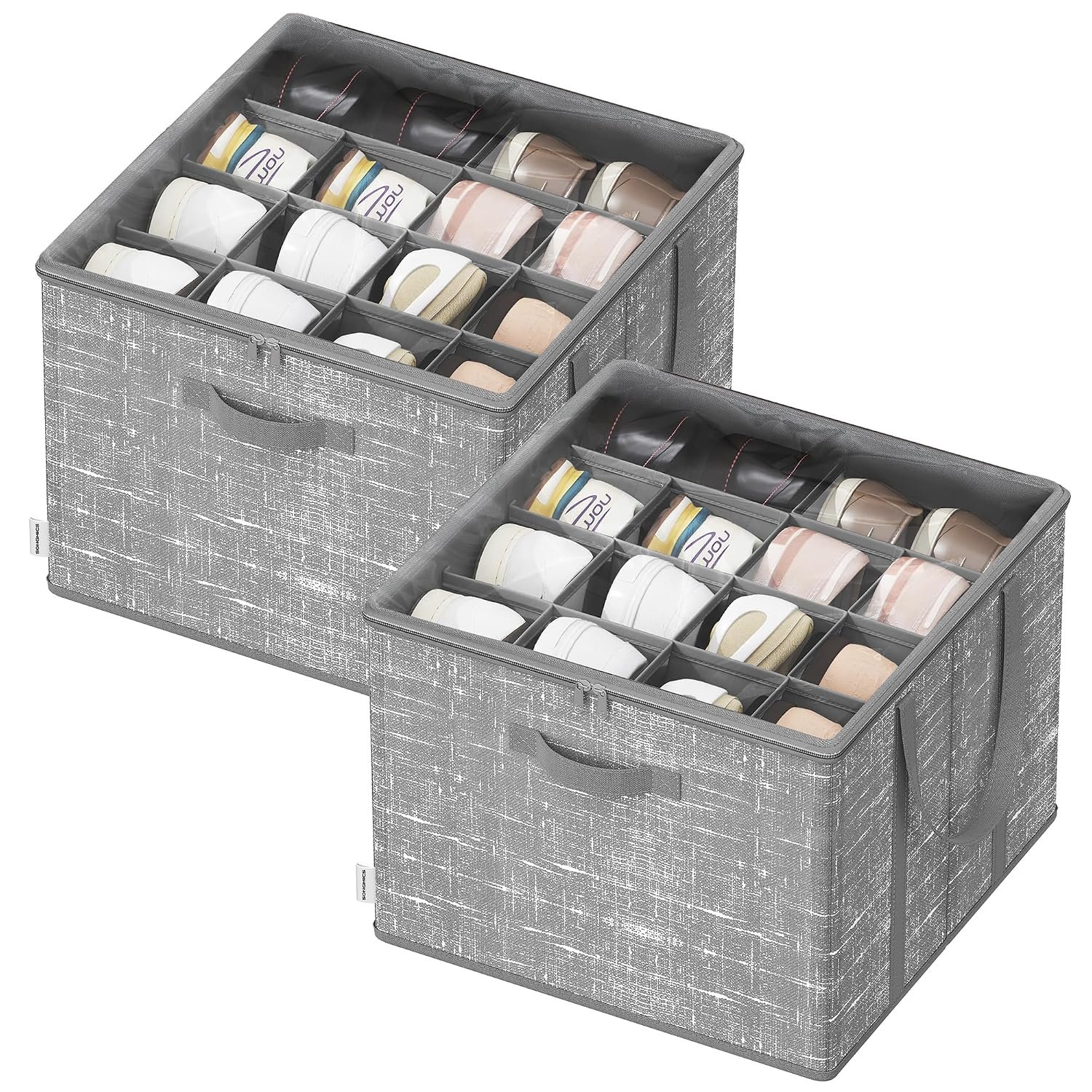 SONGMICS Set of 2 Shoe Organisers for Closet, Fits 16 Pairs Each, Shoe Storage Bins, Fabric Containers with Handles and Clear Cover, for Bedroom, Entryway, Wardrobe, Cattail Grey LSP602G01