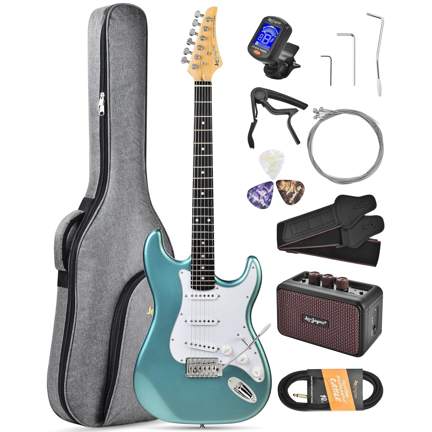 Leo Jaymz Beginner Electric Guitar 39” Kit with Portable Amplifier, Padded Gig Bag, Digital Tuner,Capo,Strap,Picks,Classic SSS Pickups (Cyan-SSS)
