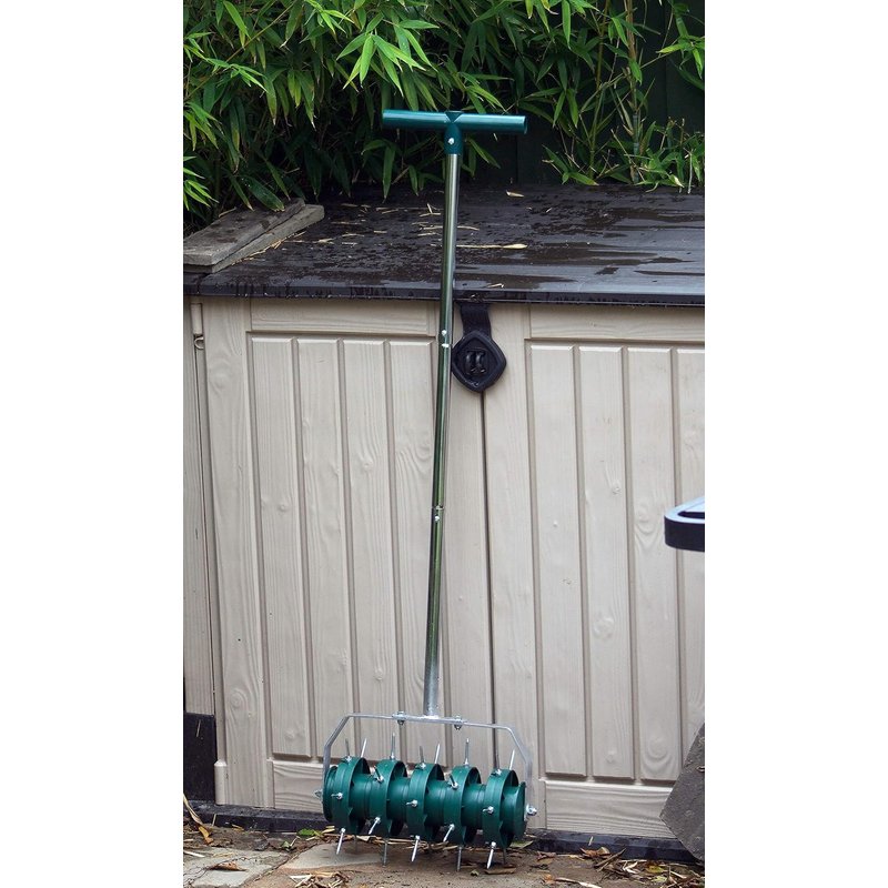 Greenkey Rolling Lawn Aerator, Manual 300mm Spiked Roller, Green, Mixed Materials, Compact Style
