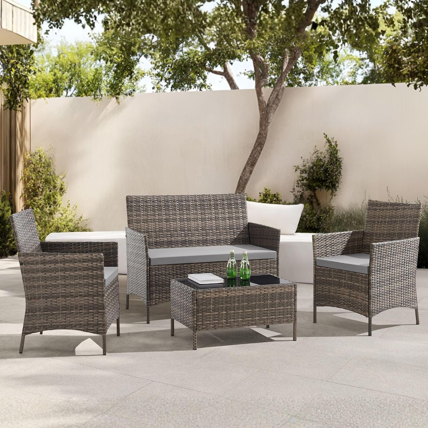 EVRE Outdoor Furniture Set 4 Seater Rattan Garden Furniture Set with Glass Coffee Table, 2 Chairs & Loveseat Sofa, Patio Furniture Set with Cushions for Garden, Balcony & Conservatory
