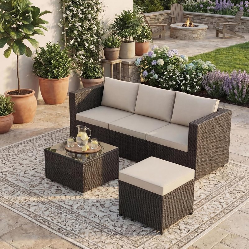 Garden Vida Hampton 4 Seater Corner Rattan Seating Set | Brown | Complete Outdoor Garden Patio Furniture Set | Steel Frame & PE Wicker Construction | UKFR Certified | Weather Resistant, With Cushions