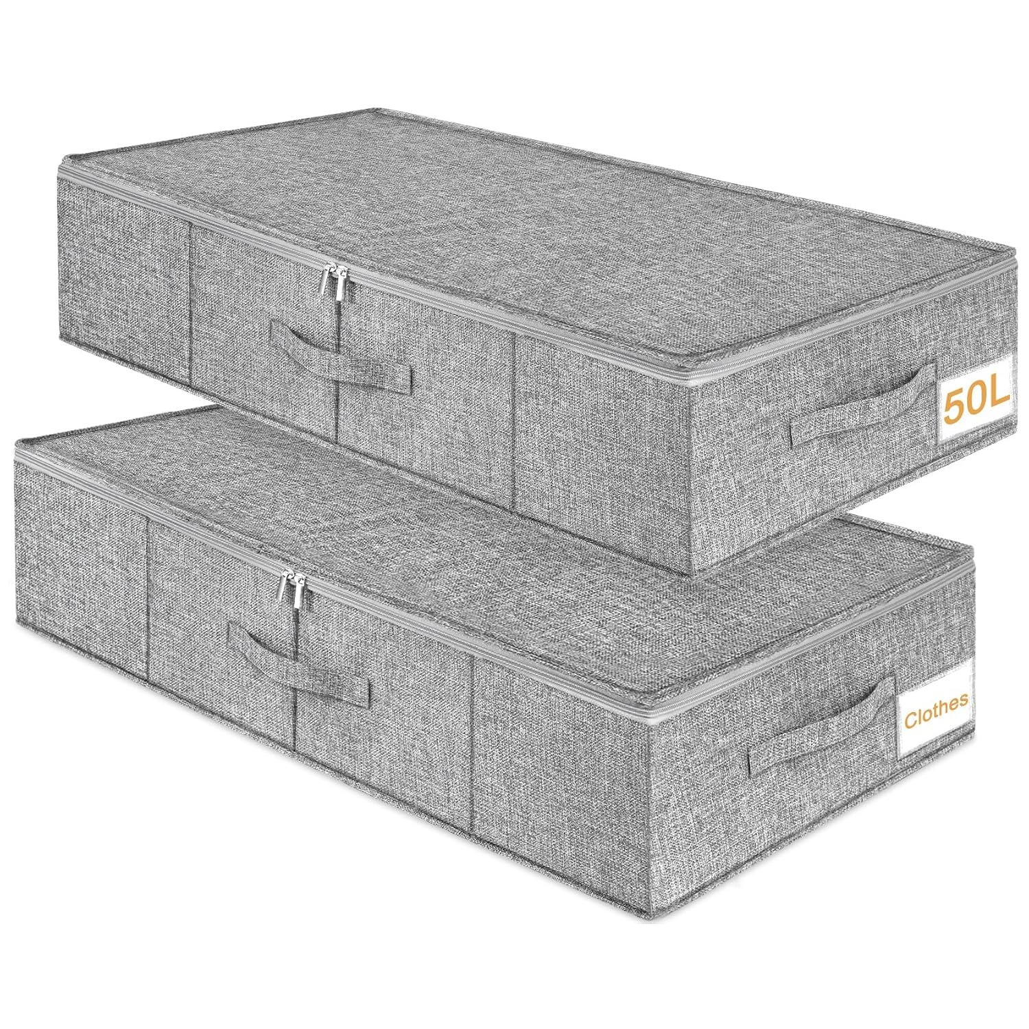 JUPELI 17 cm High Under Bed Storage Box with Lid, 50L Underbed Organiser with Sturdy PP Liner, Reinforced Zips, Waterproof Linen Storage for Clothes, Baby Essentials & Festive Wraps