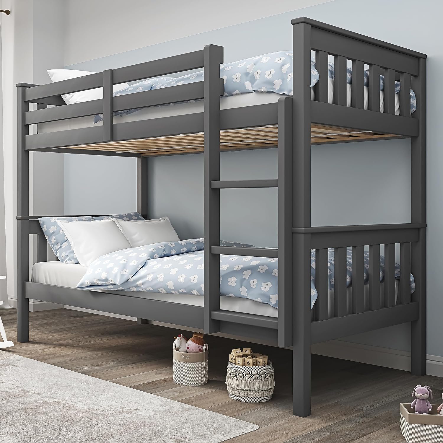 Blisswood Double Bunk Bed, 3ft Single Bed Frame with Ladder, Extra Strong & Durable, Wooden Kids bunk beds Twin Sleeper for Kids, Children, Adults, Double Bed Frame With Under Bed Storage (Dark Grey)