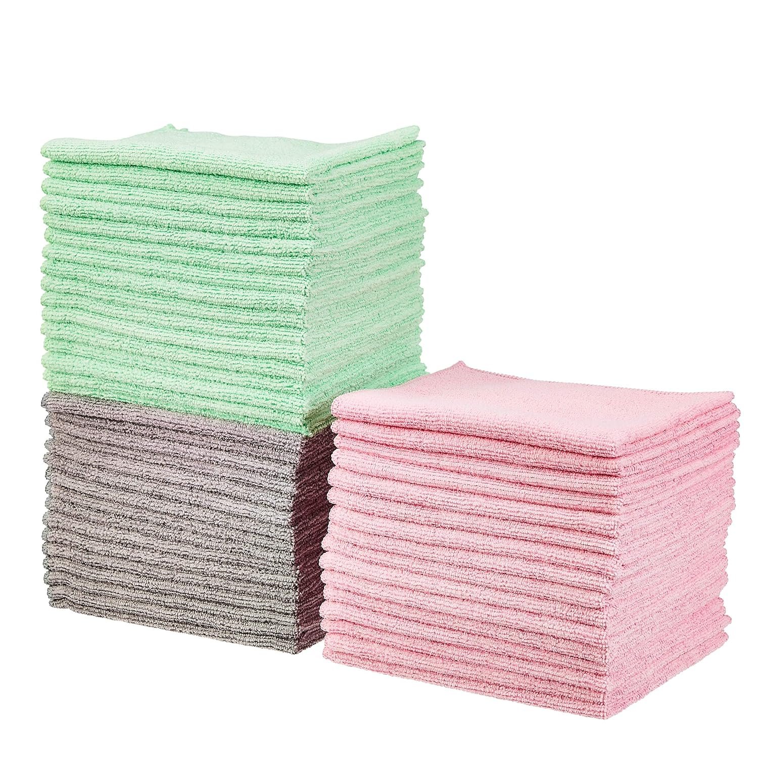 Amazon Basics Microfibre Cleaning Cloth, 48-Pack, 30.48 x 40.64 cm, Green/Grey/Pink