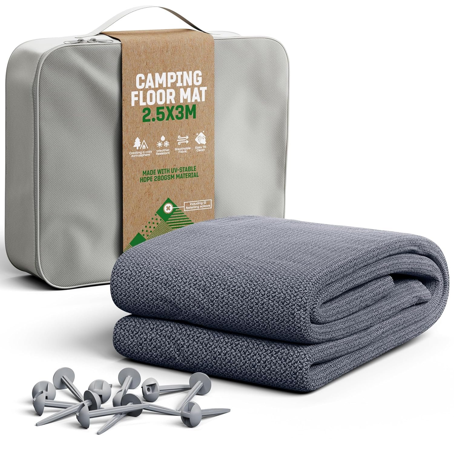 GardenGloss Awning Carpet 250x300 – Outdoor Camping Rug, Weatherproof – Camping Tent Carpet incl. 12 Pegs and Carry Bag