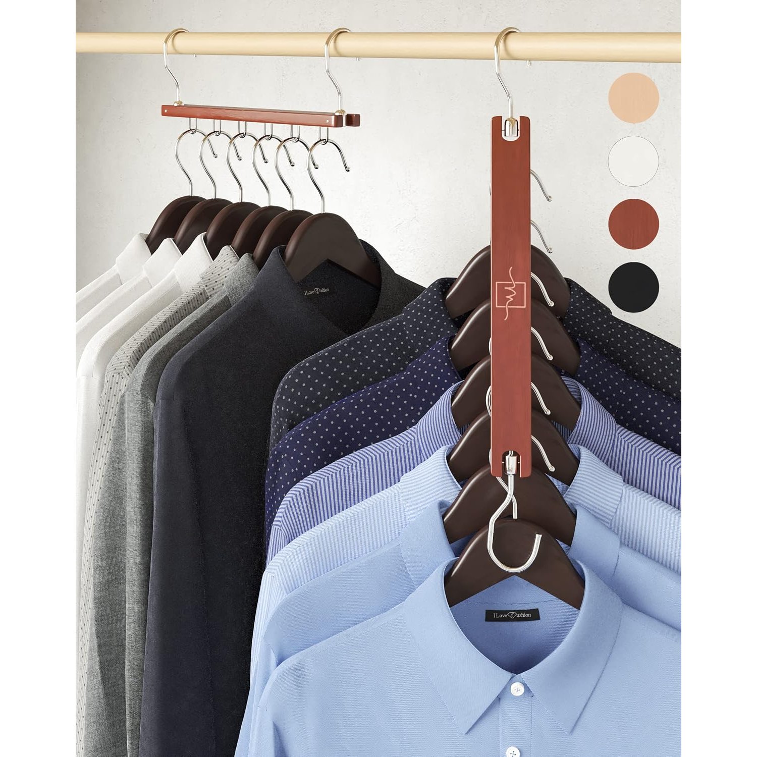 MORALVE Space Saving Hangers for Wardrobe – 4 Pack European Beechwood 6-Tier Shirt Organiser with 360° Swivel Hook – Collapsible Clothes Hanger for Wardrobe Organisation (Hangers Not Included)