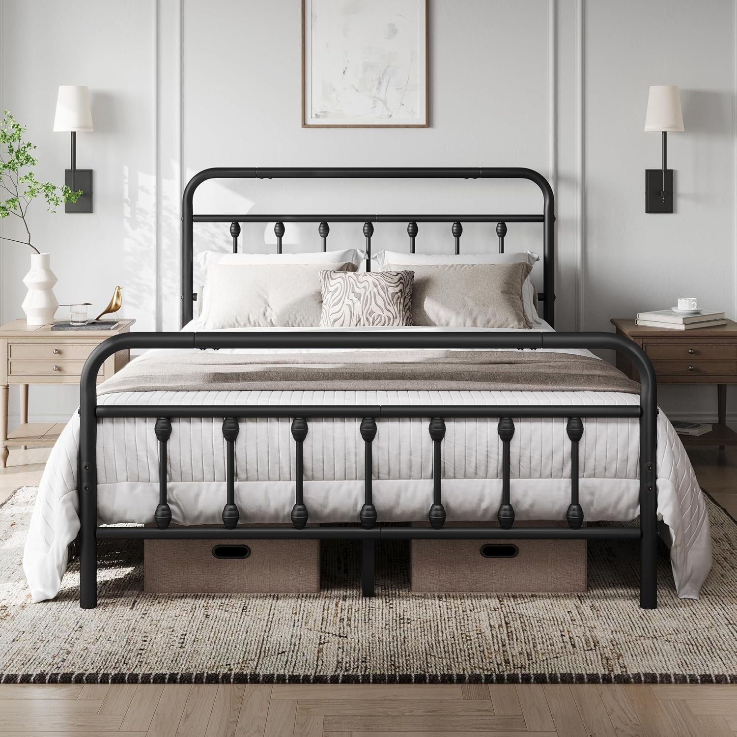 Yaheetech 4ft6 Double Bed Frame Vintage Iron Platform Bed with High Headboard and Footboard, Strong Metal-Framed Bed with Storage Black