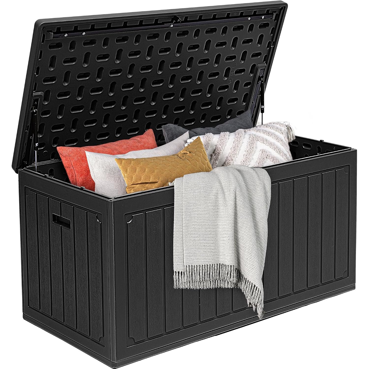 DWVO 340L Resin Outdoor Storage Box, Double-Wall Waterproof Deck Box with Wood Texture, Lockable Garden Storage that Doubles as Table or Bench (450 lbs Capacity)–Black