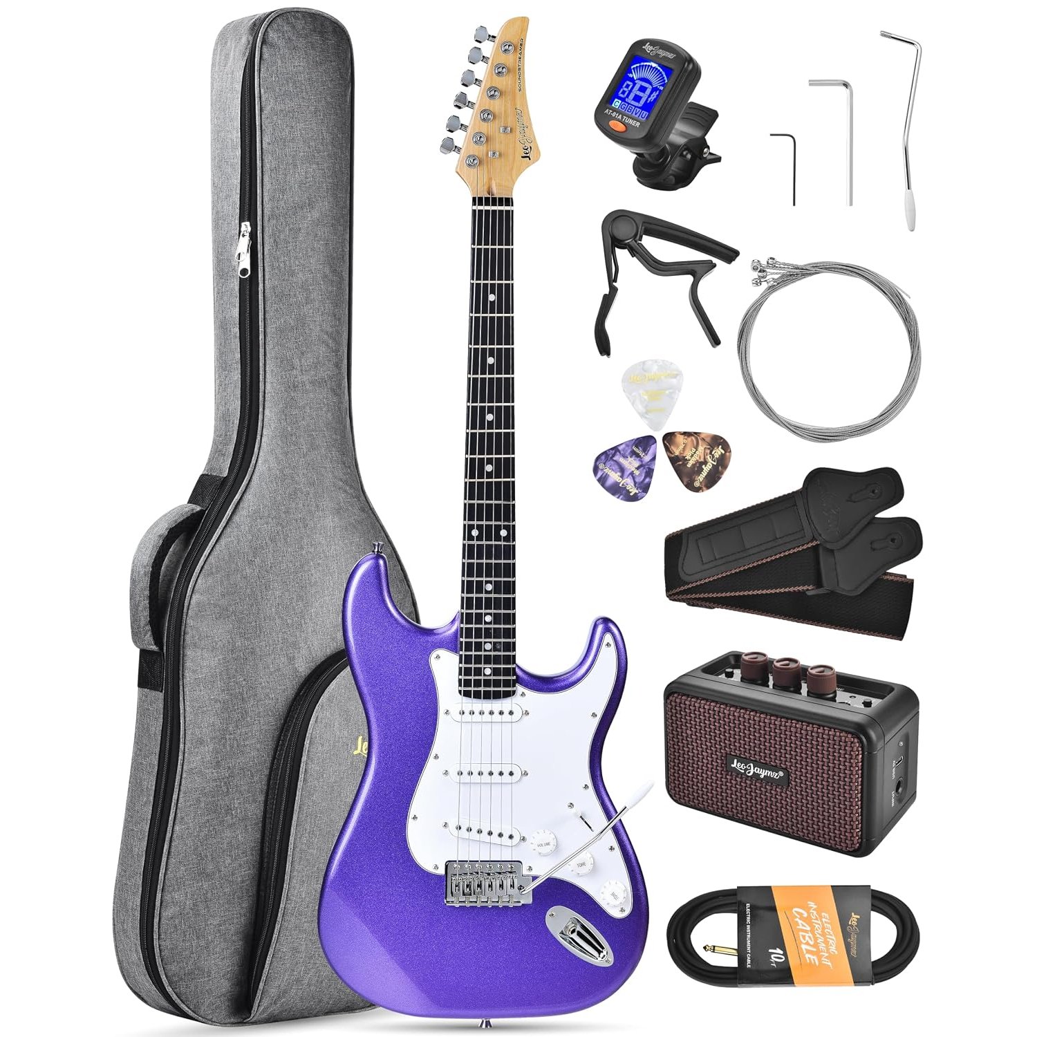 Leo Jaymz Beginner Electric Guitar 39” Kit with Portable Amplifier, Padded Gig Bag, Digital Tuner,Capo,Strap,Picks,Classic SSS Pickups(Purple-SSS)