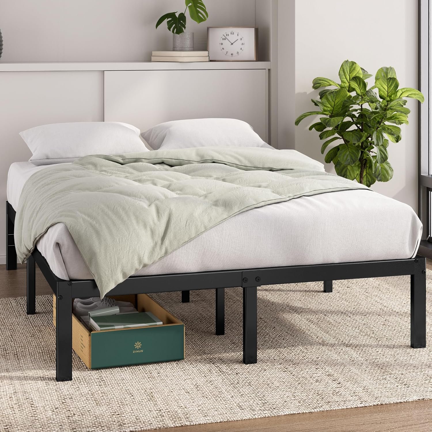 Zinus Elias Double Bed Frame with Storage Space Underneath - 4ft6 (135 x 190 cm) - 14.2'' Height - Metal Bed Base with Steel Slat Support - Easy Assembly - Black