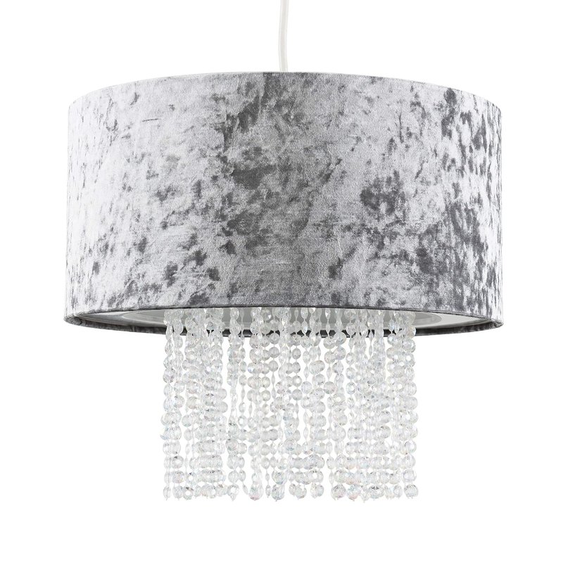 MiniSun | Modern Silver Grey Velvet Ceiling Light Shade with Clear Acrylic Droplets | Pendant Lights, Home Décor & Improvement Essential | 33cm Shade Width