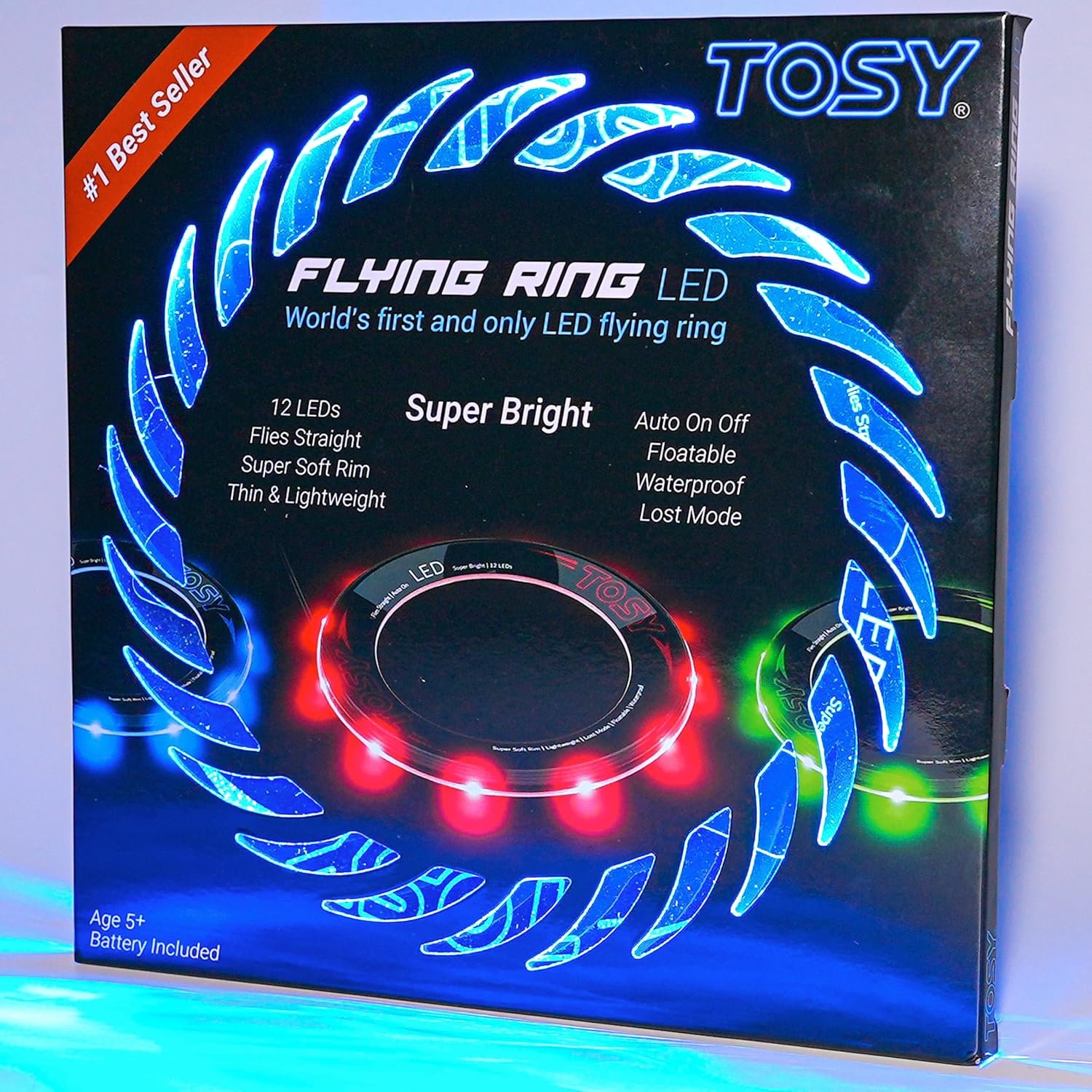 TOSY Flying Ring - 12 LEDs, Super Bright, Very Soft & Phosphorescent Rim, Auto Light Up, Safe, Waterproof, Lightweight frisbee, Cool Fun Christmas & Outdoor/Indoor Gift Toy for Boys/Girls/Kids