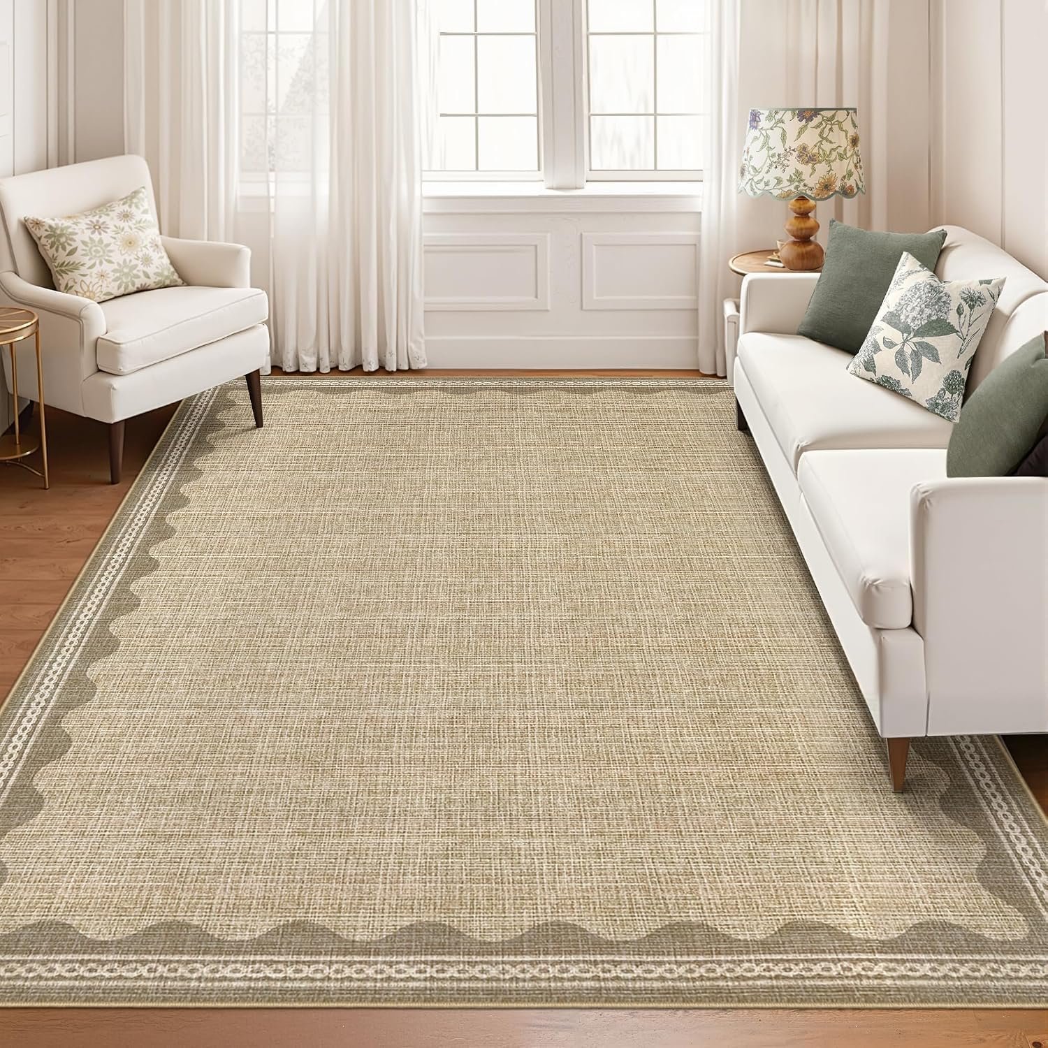 Large Area Rugs Living Room 160x230cm Washable Rugs for Bedroom, Non Slip Low Pile Modern Scalloped Indoor Carpet, Stain Resistant Foldable Floor Mat for Nursery, Office, Linen