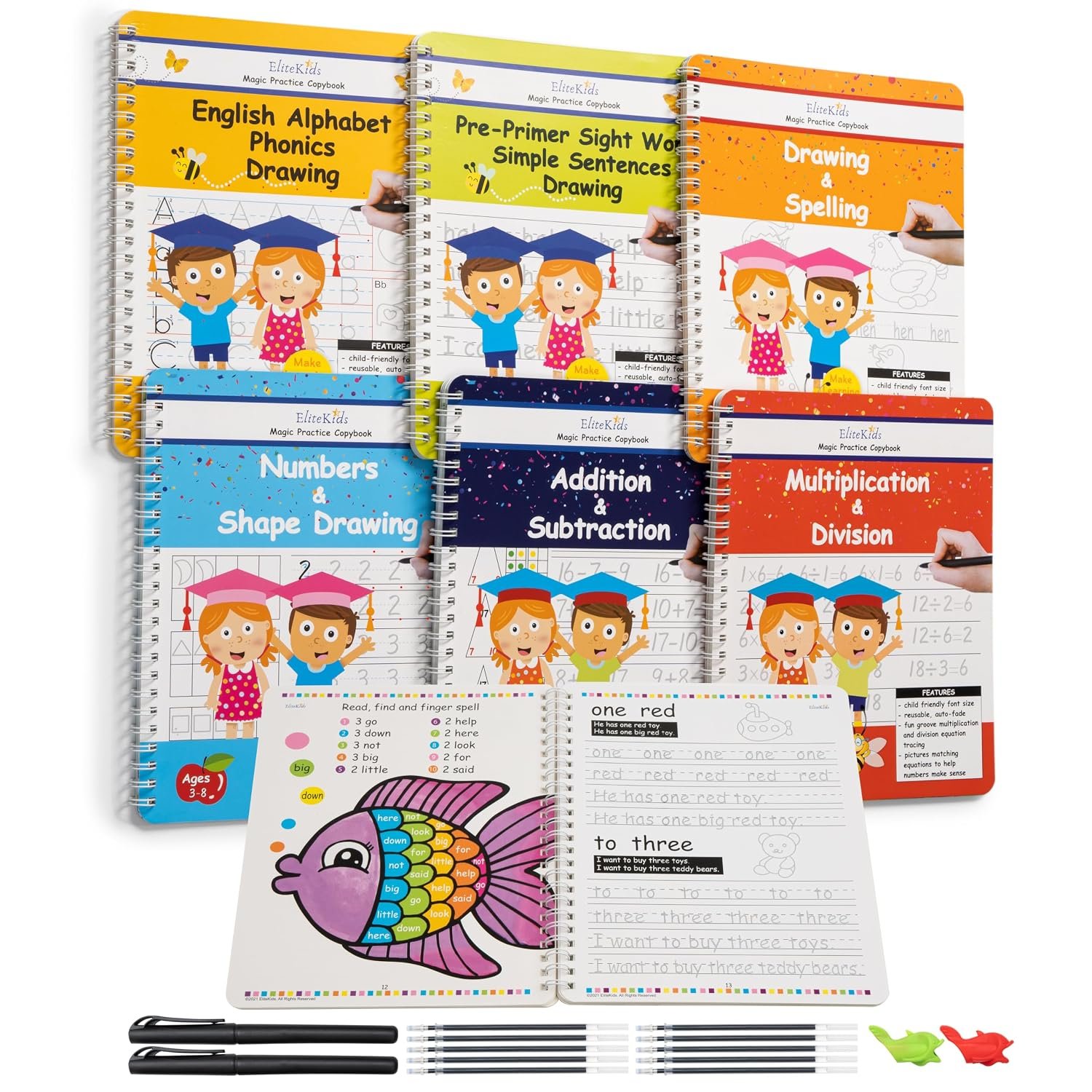 Reusable Handwriting Practice Workbook Set for Kids – Grooved Letter, Number, Shape & Sight Word Tracing Books for Preschool, Kindergarten & Early Elementary Math Activities