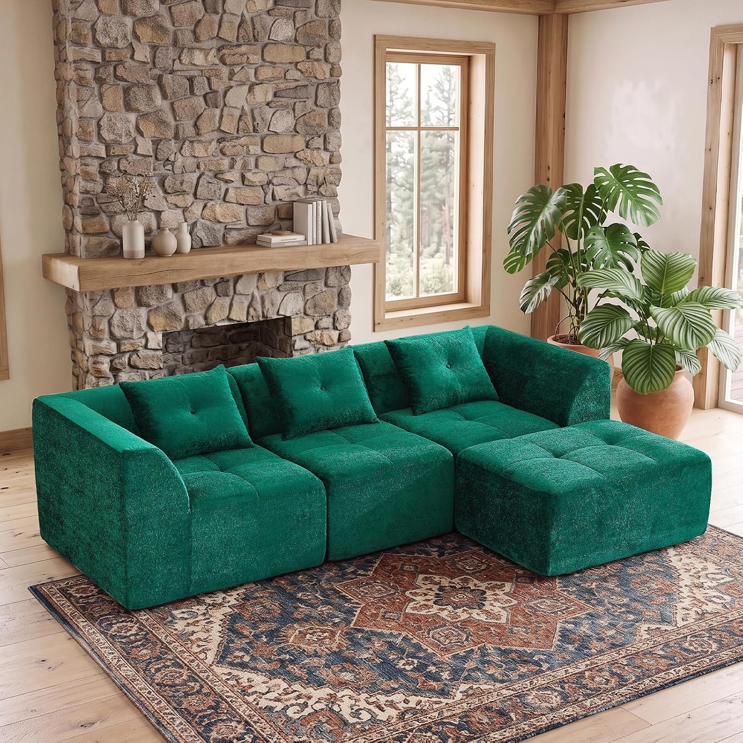 ROXGOX Modular Couch Boneless Sofa L-shape Sofa with Throw Pillow Cloud Couch 3-4 Seater Memory Foam Sofas for Living Room Bedroom No Assembly Required Beige