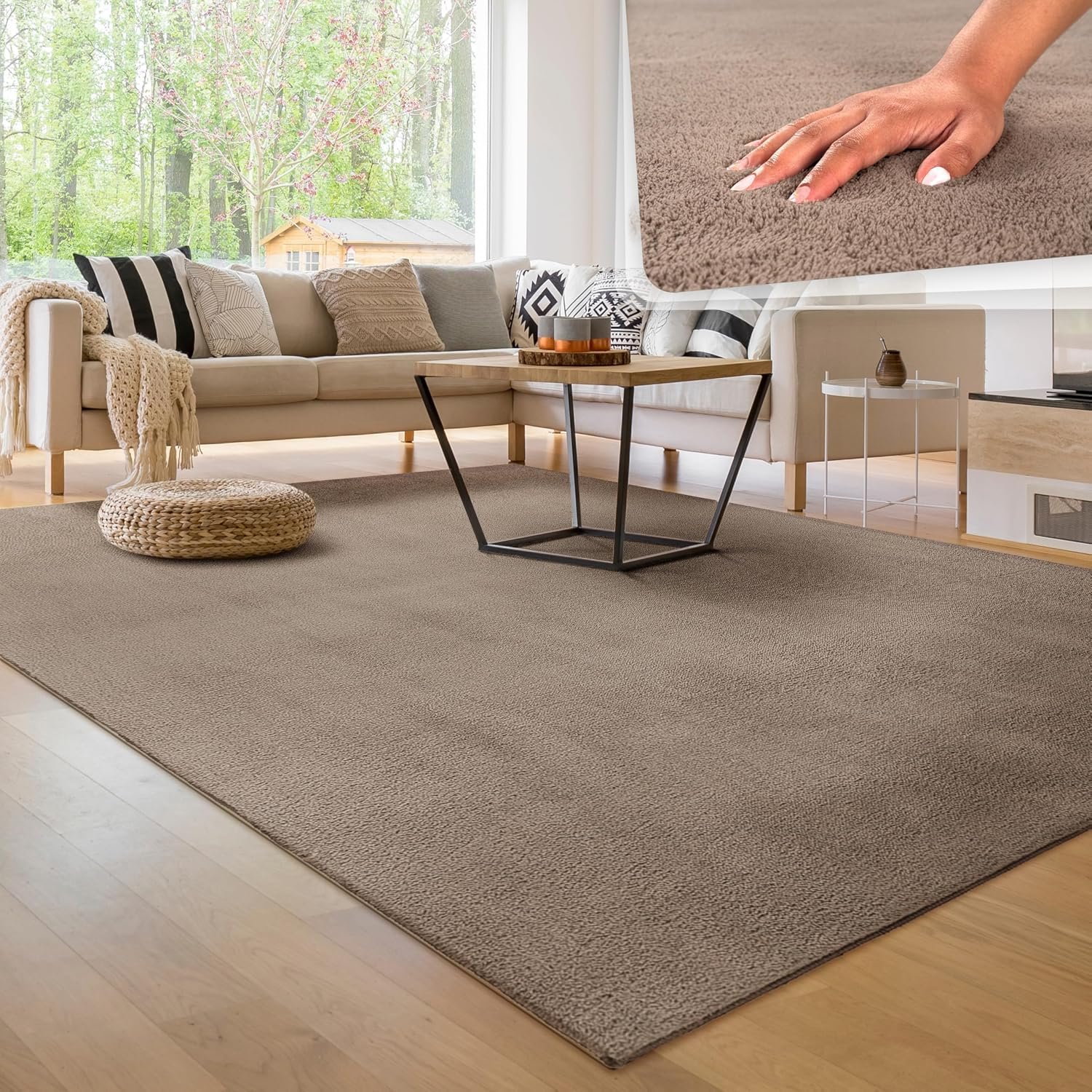 Paco Home Modern Cosy Living Room Rug Short Pile Washable Fluffy Soft Unicolor Fur Look Easy to Clean Non Slip, Size:160x220 cm, Colour:Taupe