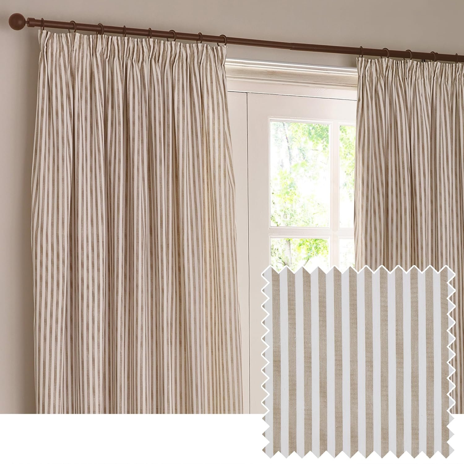Yard Hebden Pencil Pleat Curtain Pair – Ultra Soft Cotton Lined Striped Curtains (Natural - 168x229cm)