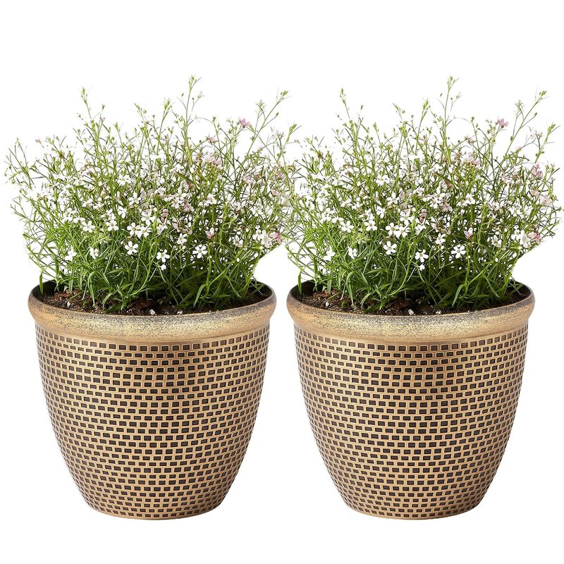 SG Traders 2 X Large Plastic Round Cromarty Plant Pots Flower Pot Planter Garden Decoration Gold 30cm Plant Pot Outdoor Flower Pots Outside Garden Planters Outdoor With Drainage Holes