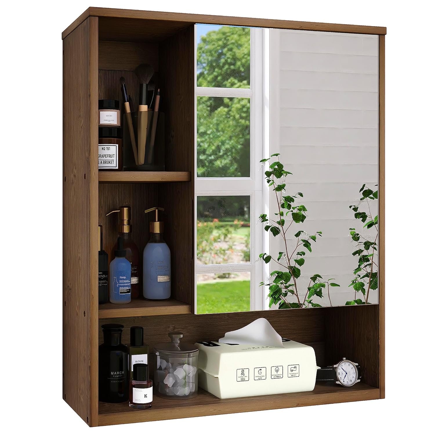 SMIBUY Bathroom Mirror Cabinet Wall Mounted, Bamboo Space Saver Medicine Cabinet, Wall Hanging Over Toilet Storage Cabinet with Mirror Door and Adjustable Shelf (Walnut)