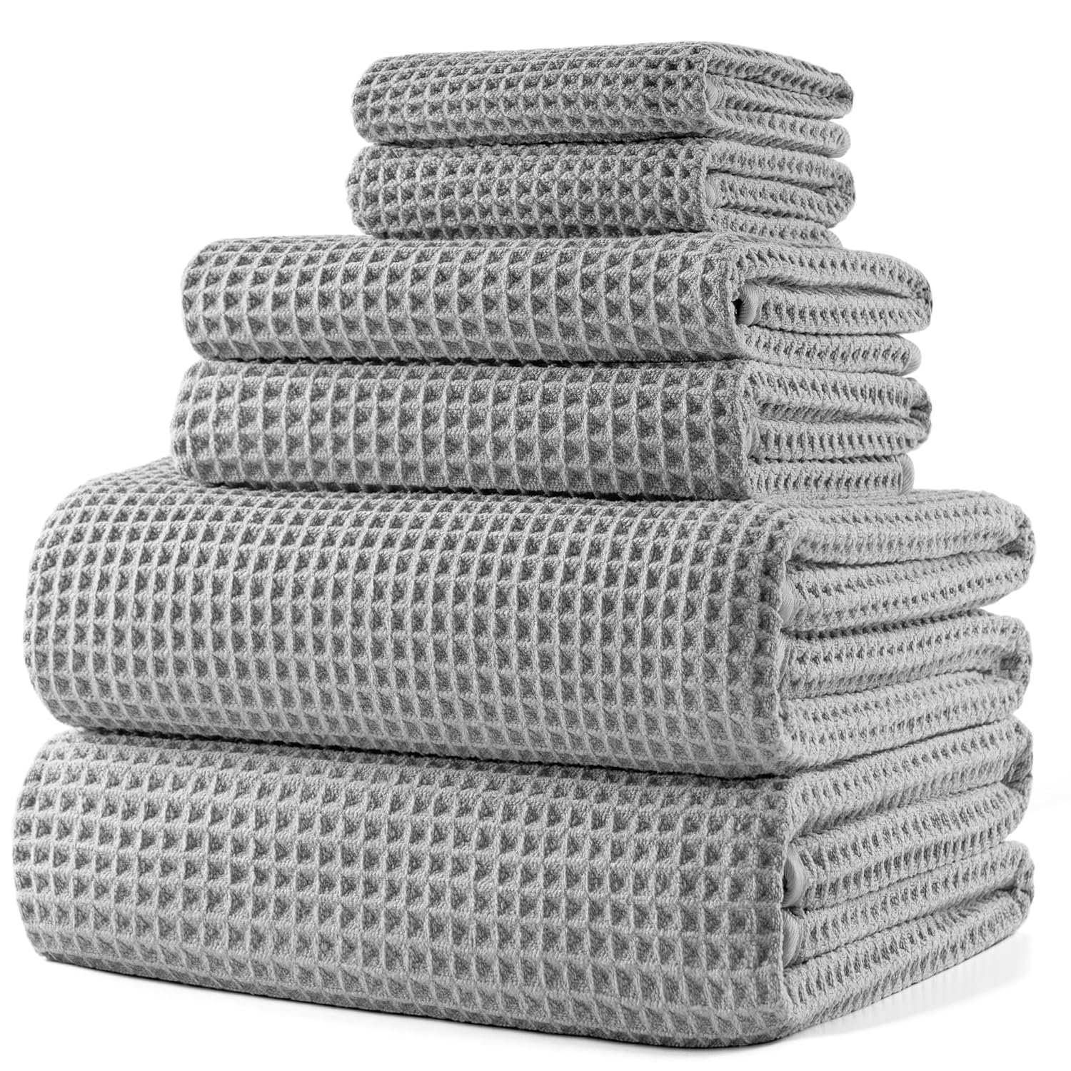 POLYTE 430 gsm Microfibre Quick Dry Lint Free Oversize Bath Towel Set, 6 Piece (Waffle Weave)