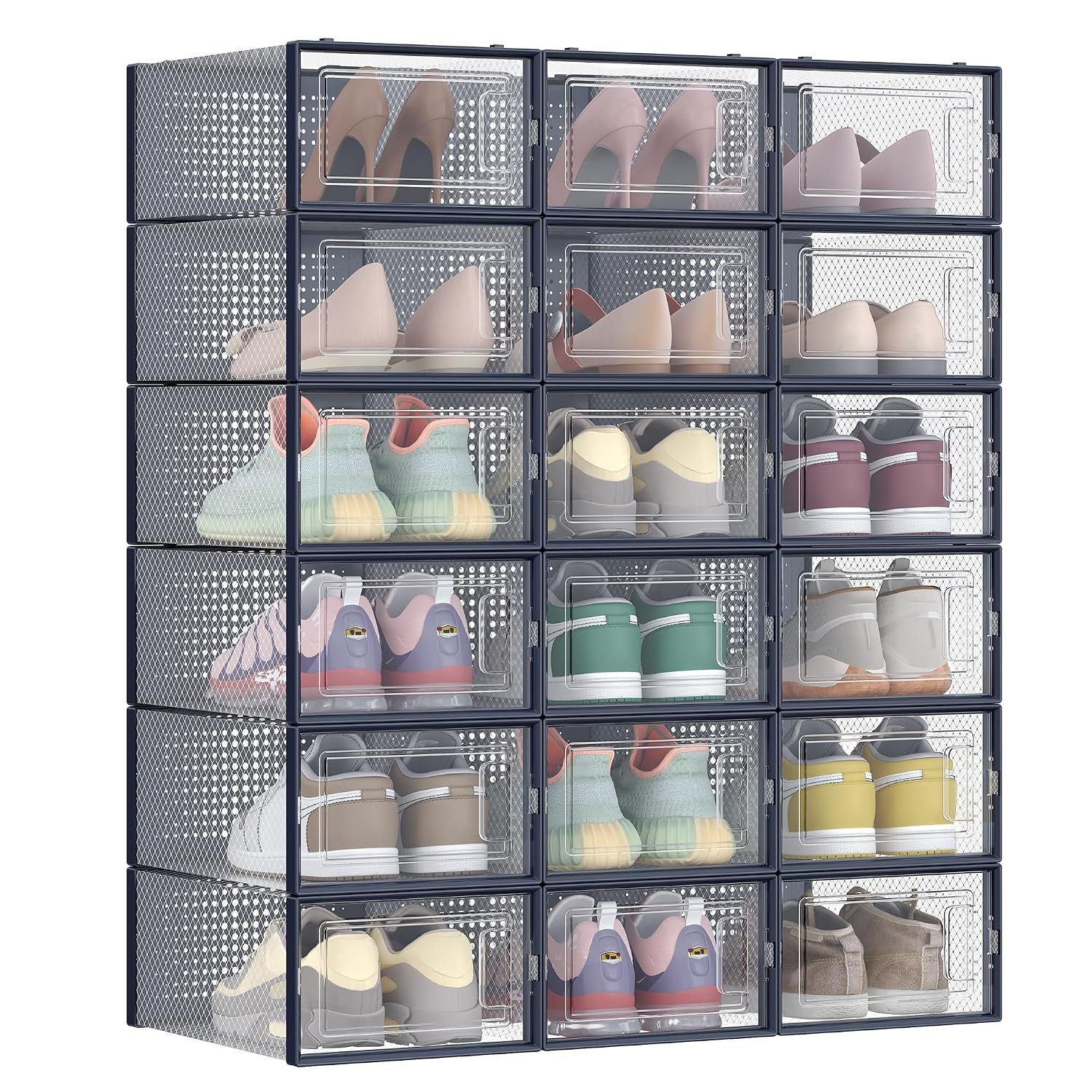 SONGMICS Shoe Boxes, Pack of 18 Stackable Shoe Storage Organisers, Foldable and Versatile for Sneakers, Fit up to UK Size 9.5, Transparent and Charcoal Blue LSP18SB30