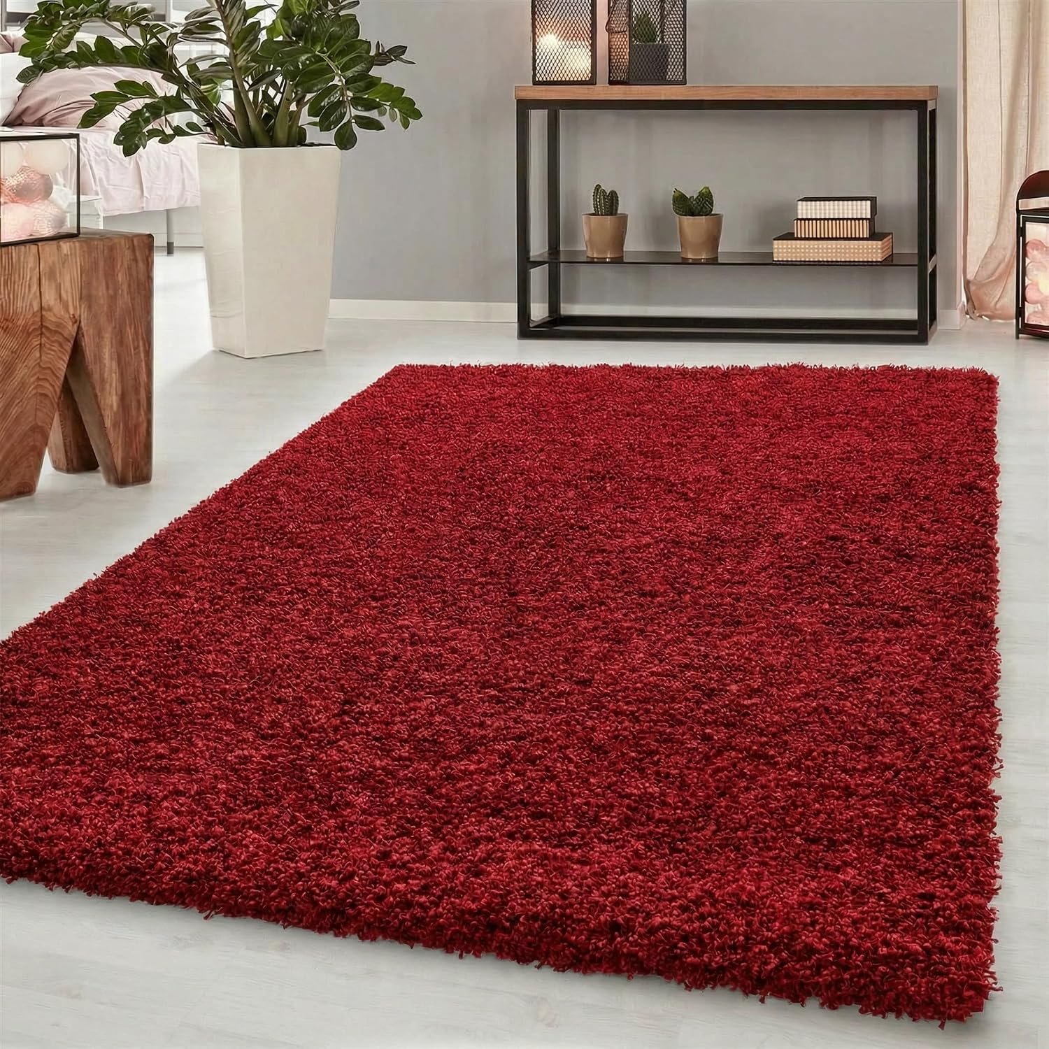 Abaseen Oxford Plain Soft Thick Shaggy Living Room Area Rug, Red, 200x290cm