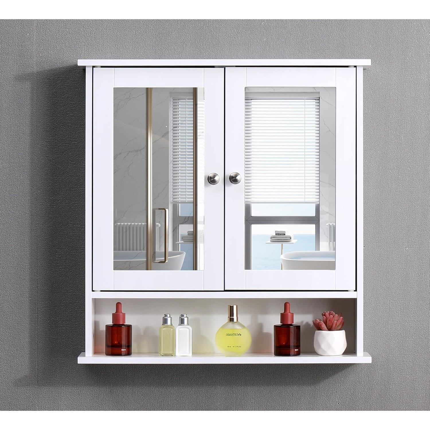 AVC Designs White Bathroom Wall Cabinet with Mirrored Double Doors Storage Cupboard MDF & Shelves