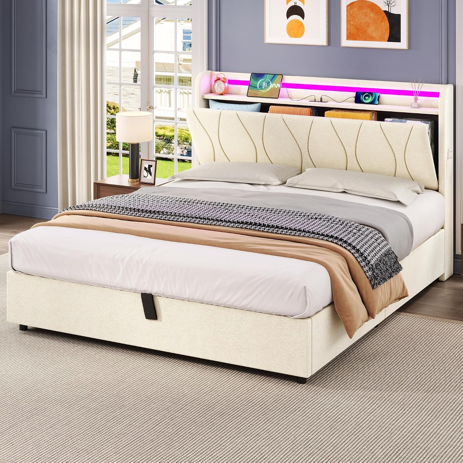Ball & Cast 4ft6 Double Upholstered Bed Frame with Hydraulic Storage, LED Headboard with Charging Station and Concealed Headboard Storage, USB and Type-C Ports, No Box Spring Needed, Beige