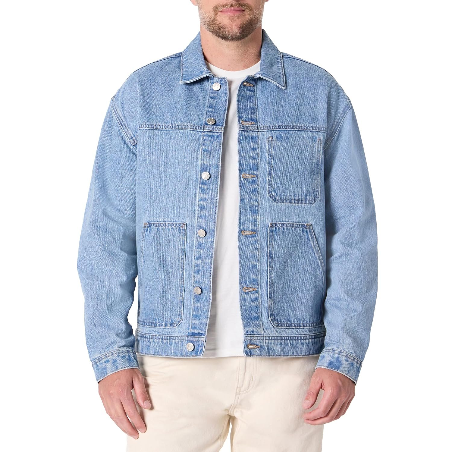 Amazon Essentials Men's Rigid Denim Relaxed-Fit Utility Jacket, Vintage Blue, M