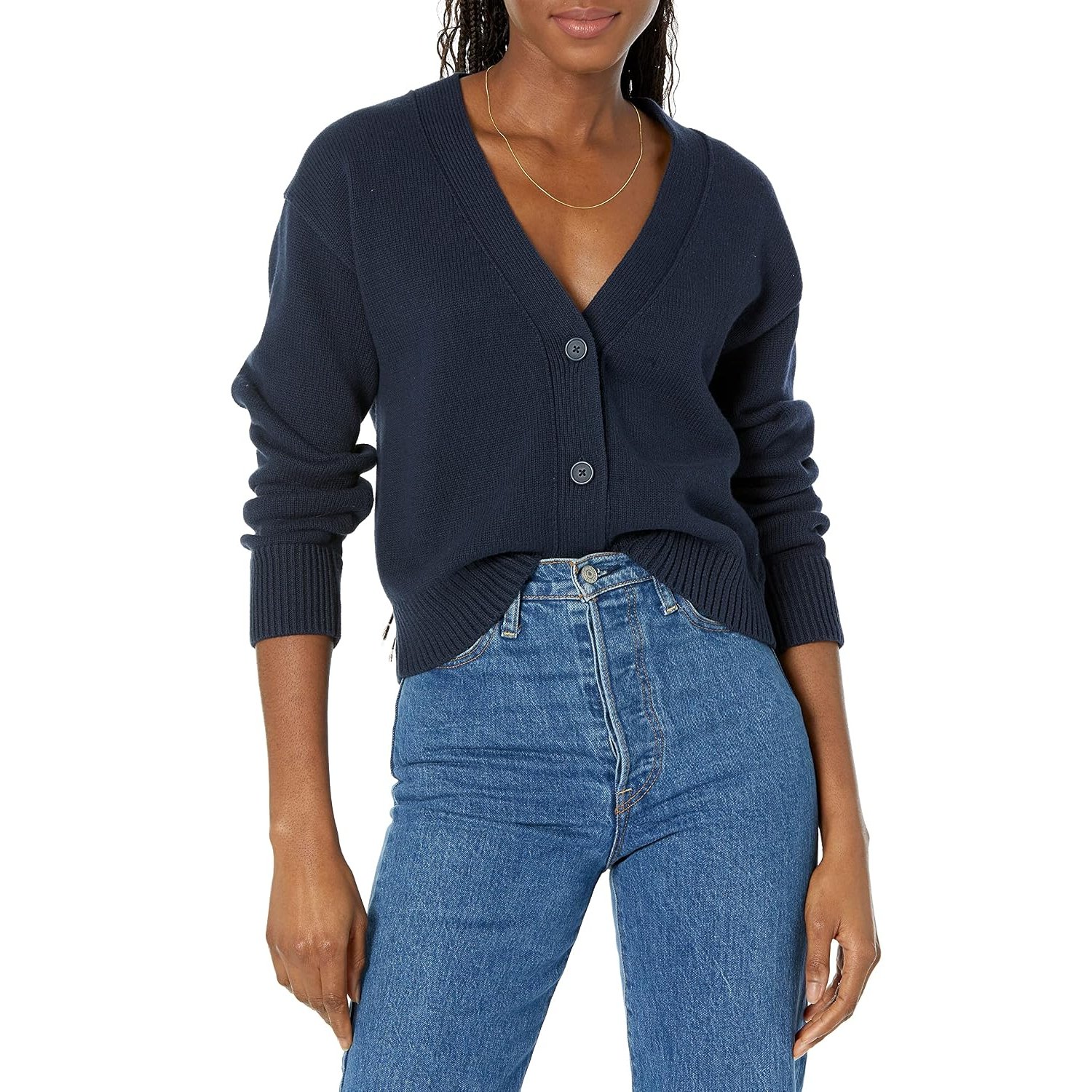 Amazon Essentials Women's Relaxed-Fit Mid-Weight Cardigan Jumper, Navy, XS