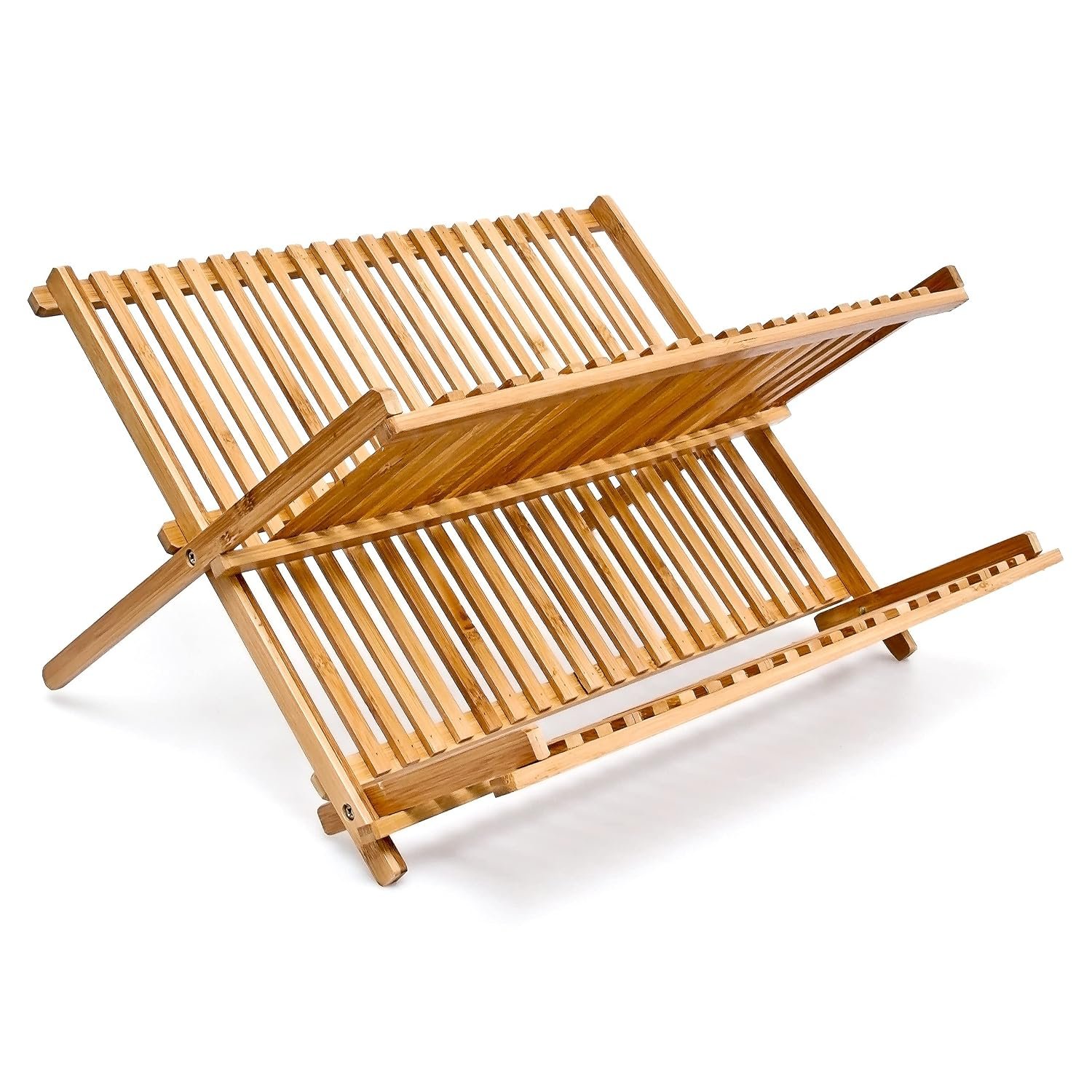 Relaxdays CROSS Dish Rack, 24.5 x 42 x 33 cm, Bamboo Two-Tier Foldable Drying Rack, Natural Brown