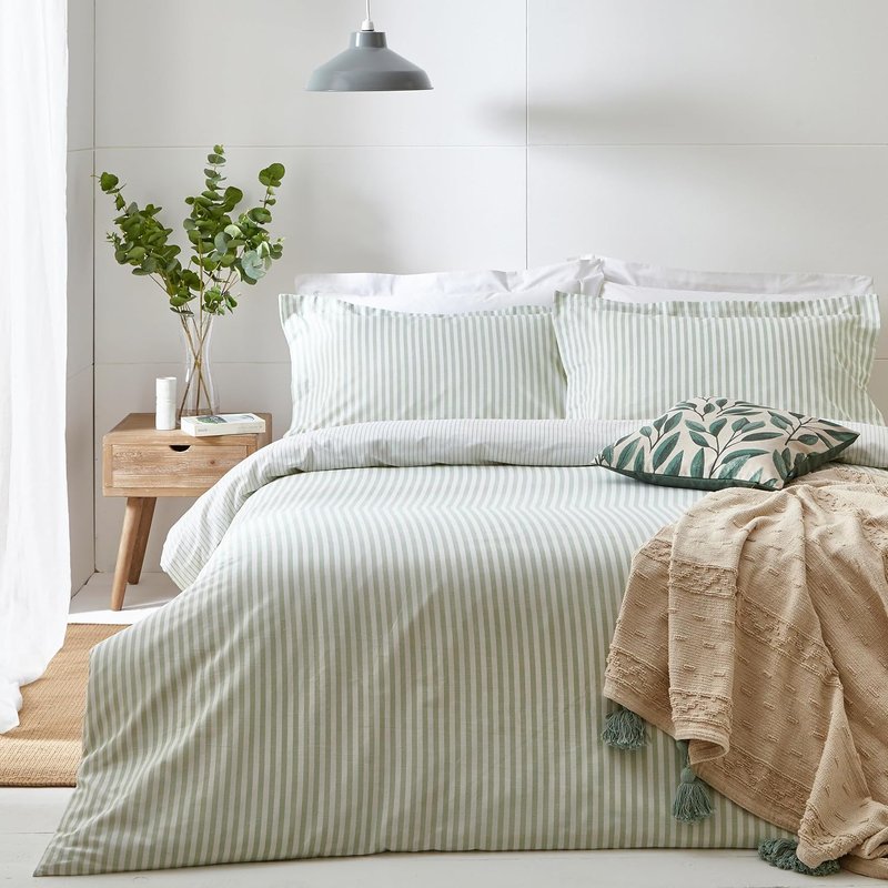 furn. Yard Hebden 100% Cotton Stripe Duvet Cover Set – Reversible Striped Bedding (Eucalyptus, Double)