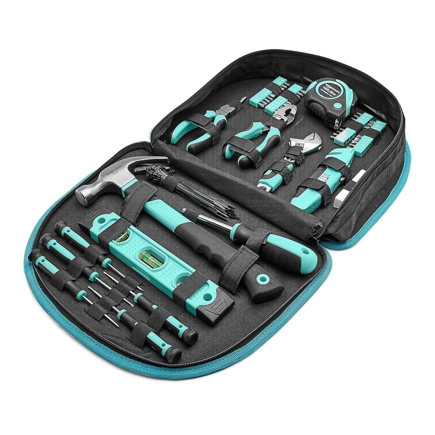 Amazon Basics Tool Set With Easy Carrying Round Pouch, 104-Piece, Turquoise, 36.57 x 28.95 x 7.62 cm