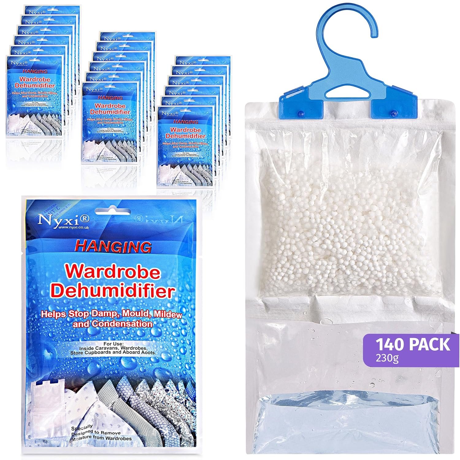 Nyxi Set of 140 Hanging Interior Wardrobe Dehumidifier - 230g Each Bag - Ideal to stop damp, mould mildew & condensation- For Wardrobe, Home, Kitchen, Garage, Bedroom, Caravan, Office, Basement etc