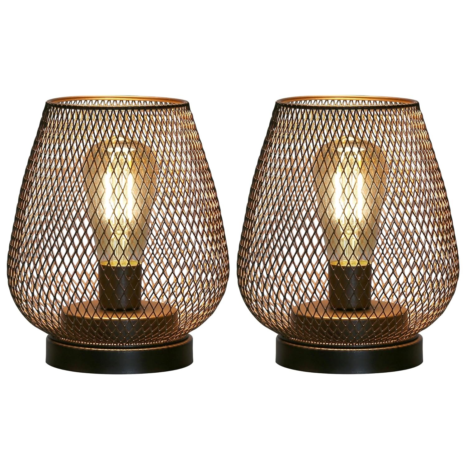 JHY DESIGN Set of 2 Metal Cage Table Lamp Battery Powered, Cordless Accent Lights with LED Edison Style Bulb for Bedroom Home Weddings Parties Patio Indoors Outdoors Valentine's Day(Egg Shape)