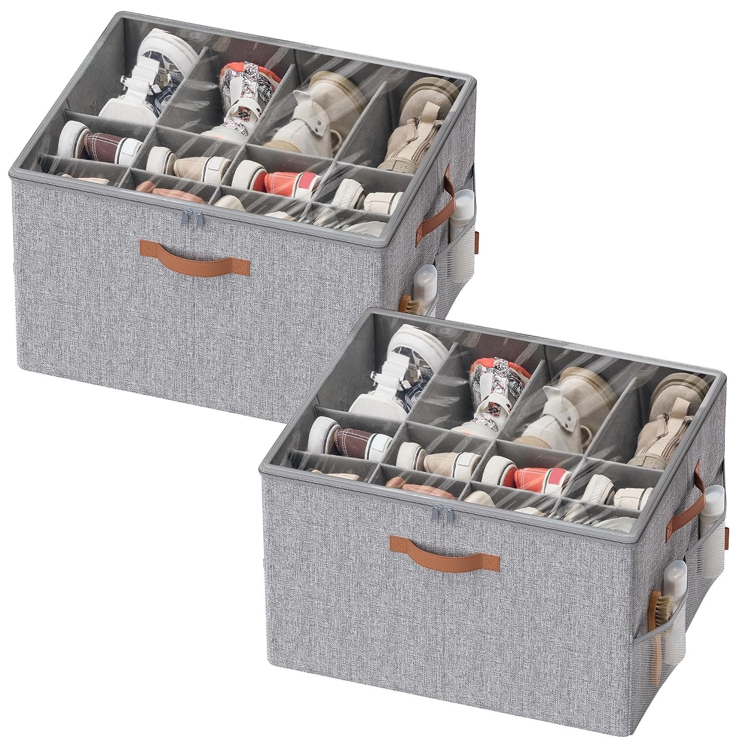 SONGMICS Shoe Organiser Boxes, Pack 2 Shoe Storage for Wardrobe, Fits 32 Pairs, Container Bin with Handles and Clear Cover, Adjustable Dividers, Customisable, Dove Grey LSP556G01