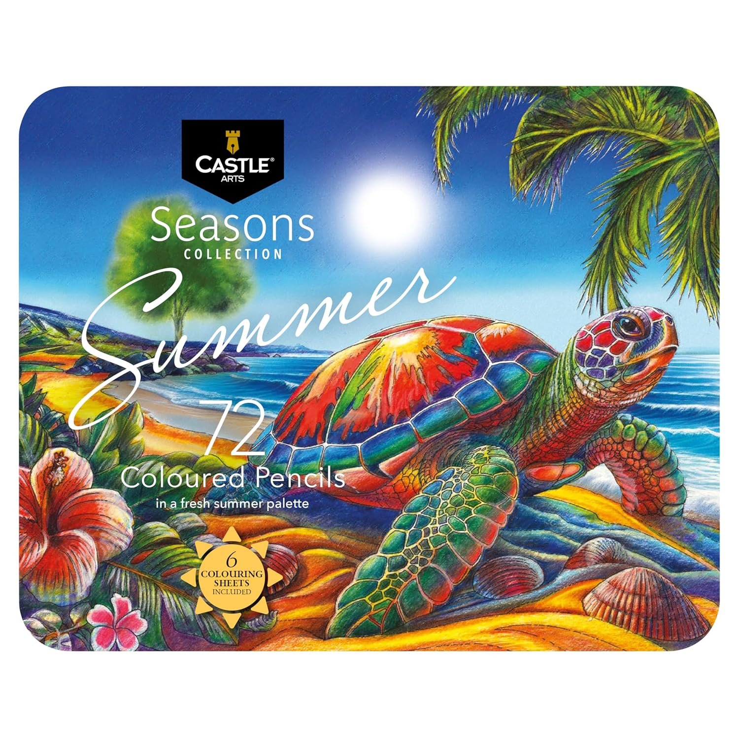 Castle Art Supplies 72 Summer Coloured Pencils Set | Wax-Based Pencils with Soft, Smooth Cores | Summer-Inspired Palette for Adult Artists | Organised in Display Tin | Seasons Collection
