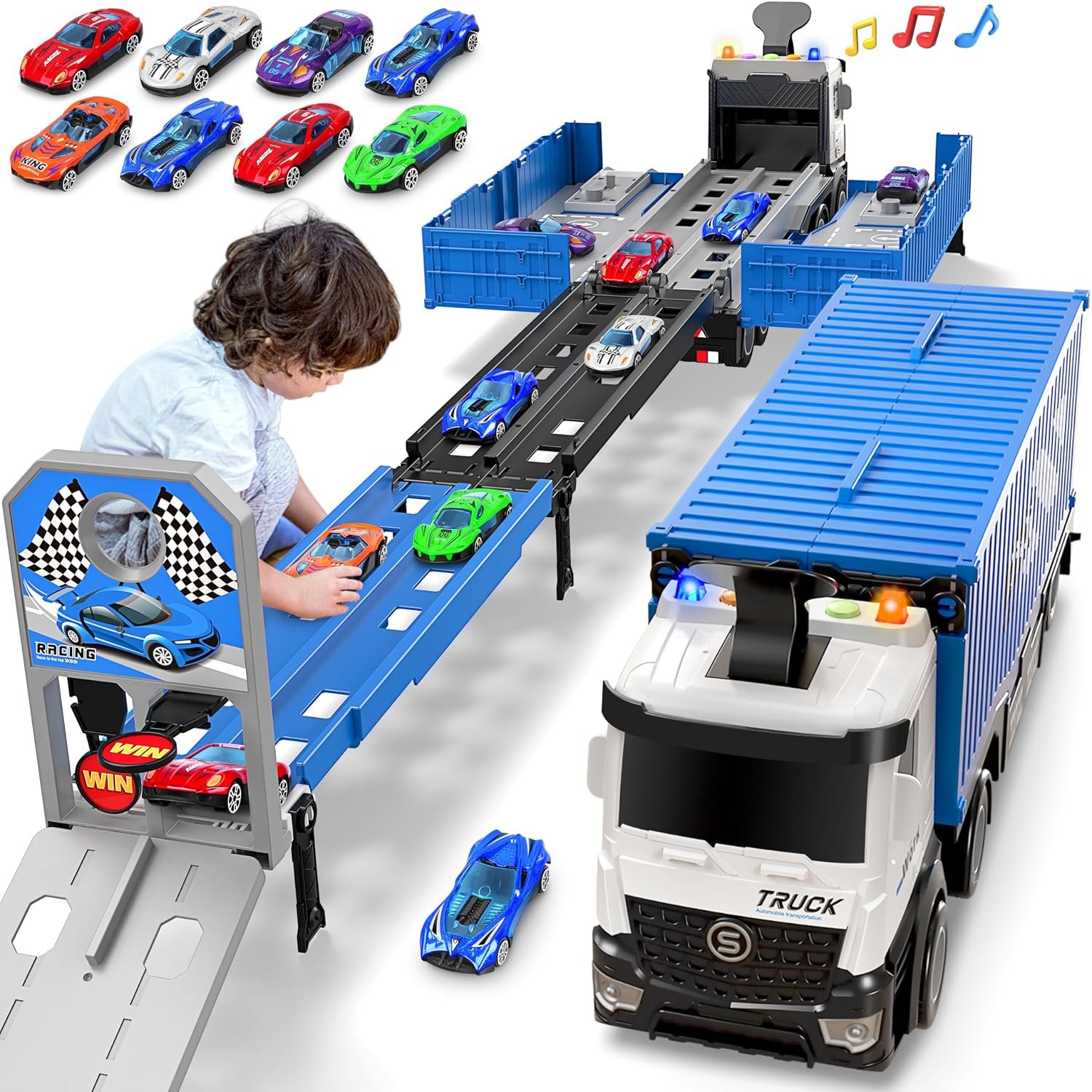 Transport Truck Toys Cars for Boys,Portable Truck Toy with 8 Race Cars,Birthday Gifts Carrier Vehicles Toys Set for Kids Age 3 4 5 6 7 8 9 10-12+ Year Old Boys Girls